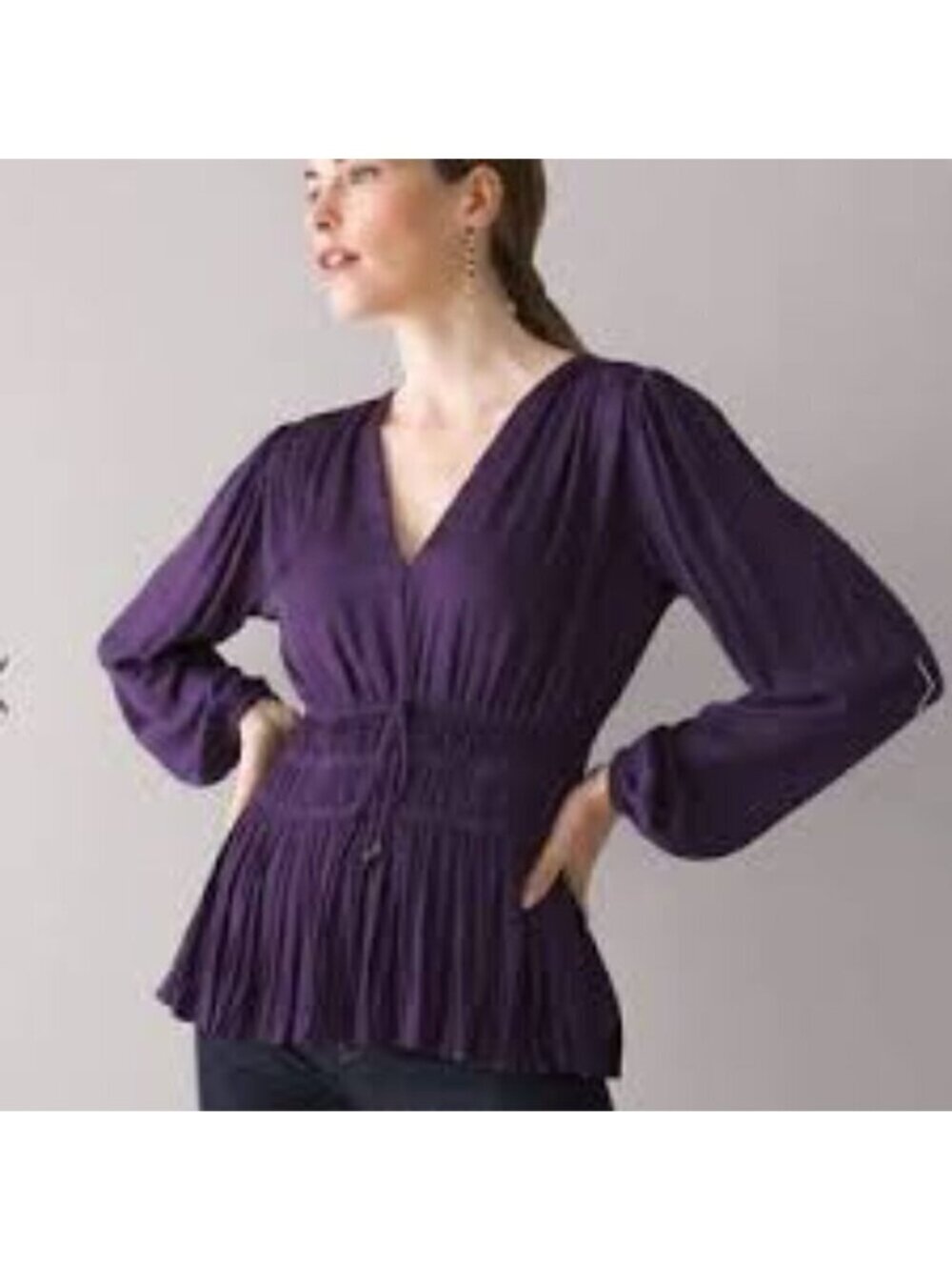 WHBM Deep Purple Silky Peplum Long Sleeve Blouse S